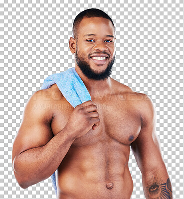 Buy stock photo Towel, shower and portrait of sexy bodybuilder, man or skincare with happiness and transparent, isolated or png background. Cleaning, self care and hygiene wellness at gym workout and exercise