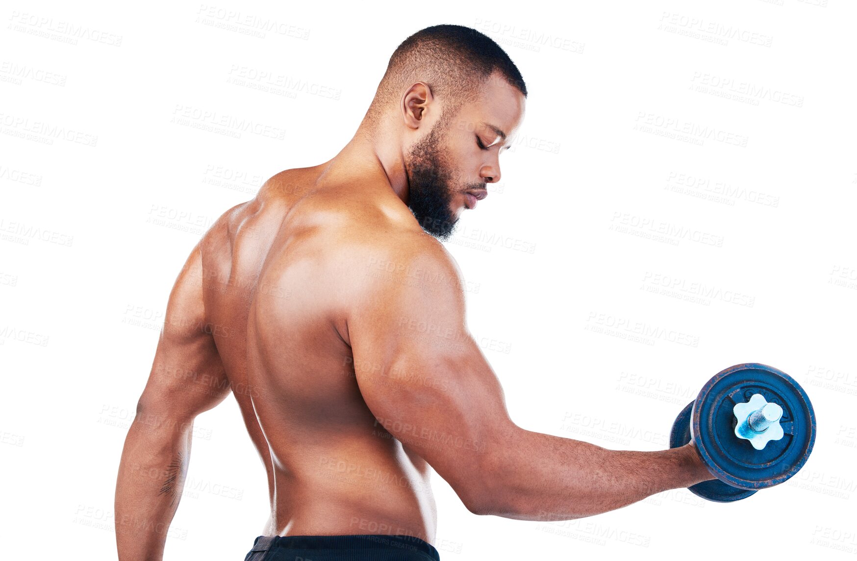 Buy stock photo Black man, bodybuilder and weightlifting with dumbbell, arm flex and muscle isolated on transparent png background. Strong male athlete, sports and body, training with bodybuilding and fitness