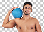 Health, fitness and medicine ball with a man athlete in studio on a gray background for exercise or training. Gym, wellness and workout with an athletic or strong male posing with sports equipment