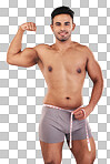 Weight loss, fitness and man with muscle from training, diet and exercise against grey studio background. Motivation, happy and portrait of person with tape to measure goal body and healthy lifestyle