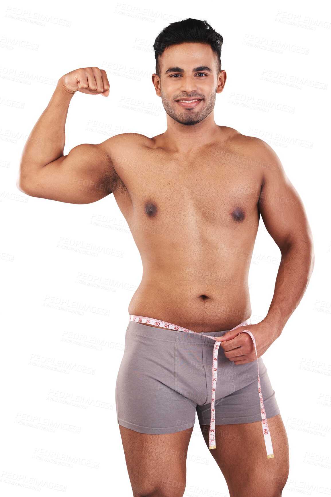 Buy stock photo Arm flex, portrait and man for fitness, lose weight and diet or body builder goals isolated on transparent png background. Muscle, strong and person with tape measure for success or workout progress