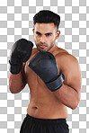 Boxing gloves, portrait and man training in sports fight, challenge or mma competition on studio background. Strong, focus and fitness guy, professional boxer champion and bodybuilder, fist and power