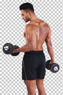 Buy stock photo Man, weightlifting with dumbbells and fitness, strong with muscle and exercise isolated on transparent png background. Male bodybuilder, back and training with biceps, sports workout and power