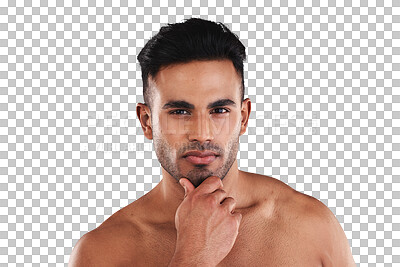 Buy stock photo Beauty, skin and health portrait of a man from Spain isolated on a transparent, png background. Face of a young person ready for skincare, cosmetics and dermatology or facial treatment and grooming