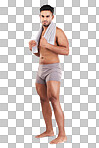 Portrait, water bottle and man with towel isolated on gray studio background. Fitness, wellness and healthy athletic male from India ready for hydration after training, exercise or workout mock up.