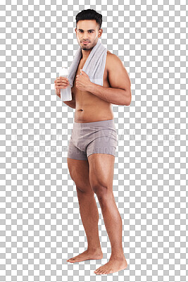 Buy stock photo Portrait, water bottle and man with towel isolated on transparent png background. Topless, body and Indian athlete with drink after exercise, fitness or workout, health or wellness for strong muscle