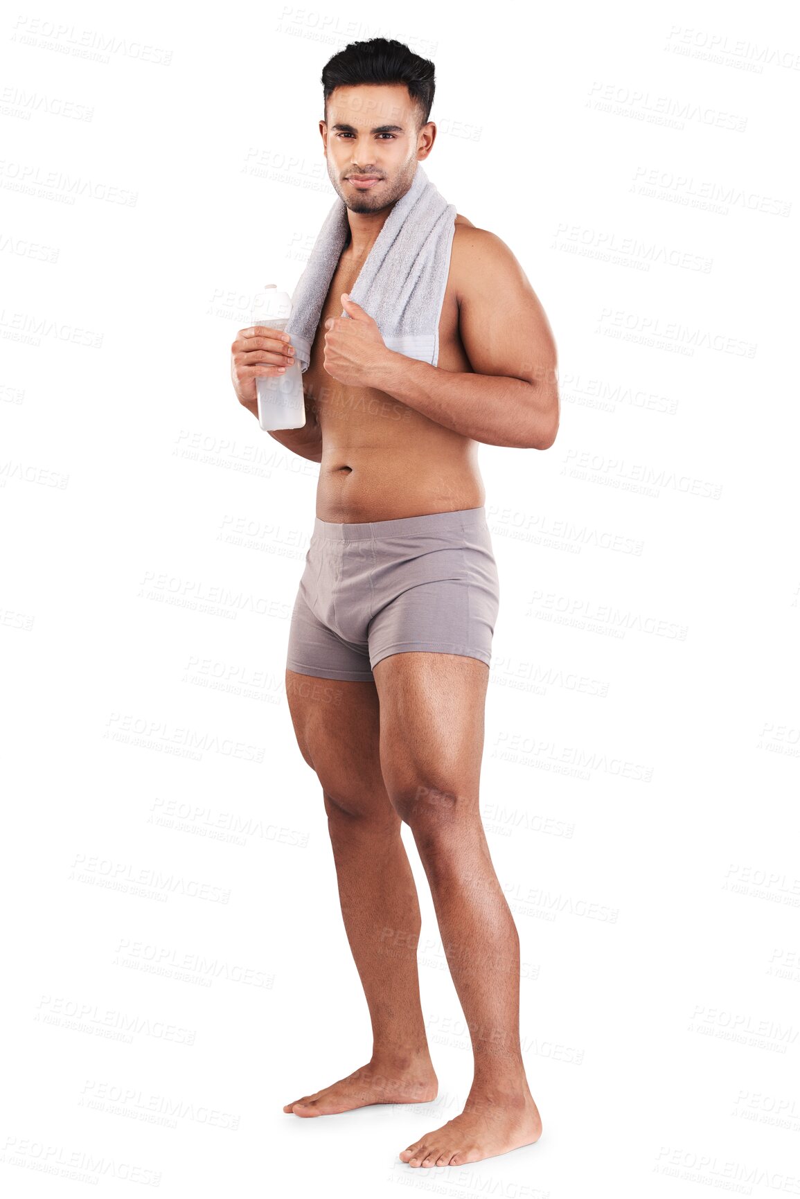 Buy stock photo Portrait, water bottle and man with towel isolated on transparent png background. Topless, body and Indian athlete with drink after exercise, fitness or workout, health or wellness for strong muscle