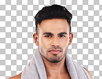 Portrait, man and exercise for wellness, towel for workout and grey studio background. Young Indian male, confident and focus for organic facial, proud and clear skin being determined and on break.