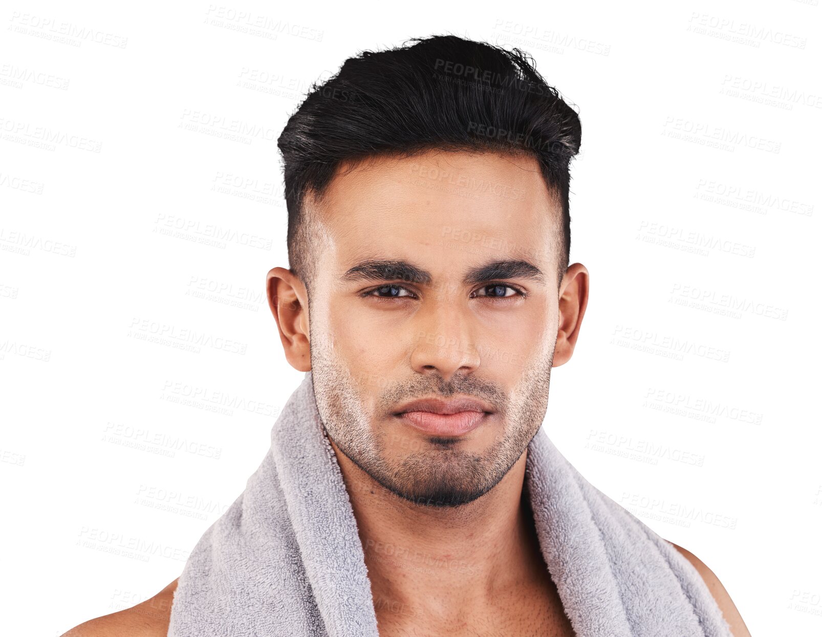 Buy stock photo Face, serious fitness and man with towel isolated on a transparent png background. Portrait, cloth and male athlete from India ready to start workout, training or exercise for health and wellness.