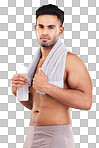 Portrait, water bottle and man with towel, for wellness and workout with grey studio background. Indian male focus, healthy trainer or exercise for fitness, training or motivation being relax or rest