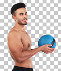 Fitness, topless man with medicine ball and studio portrait with smile on face and gray background. Exercise, gym and health, happy training workout for healthy athlete from Brazil smiling with ball.