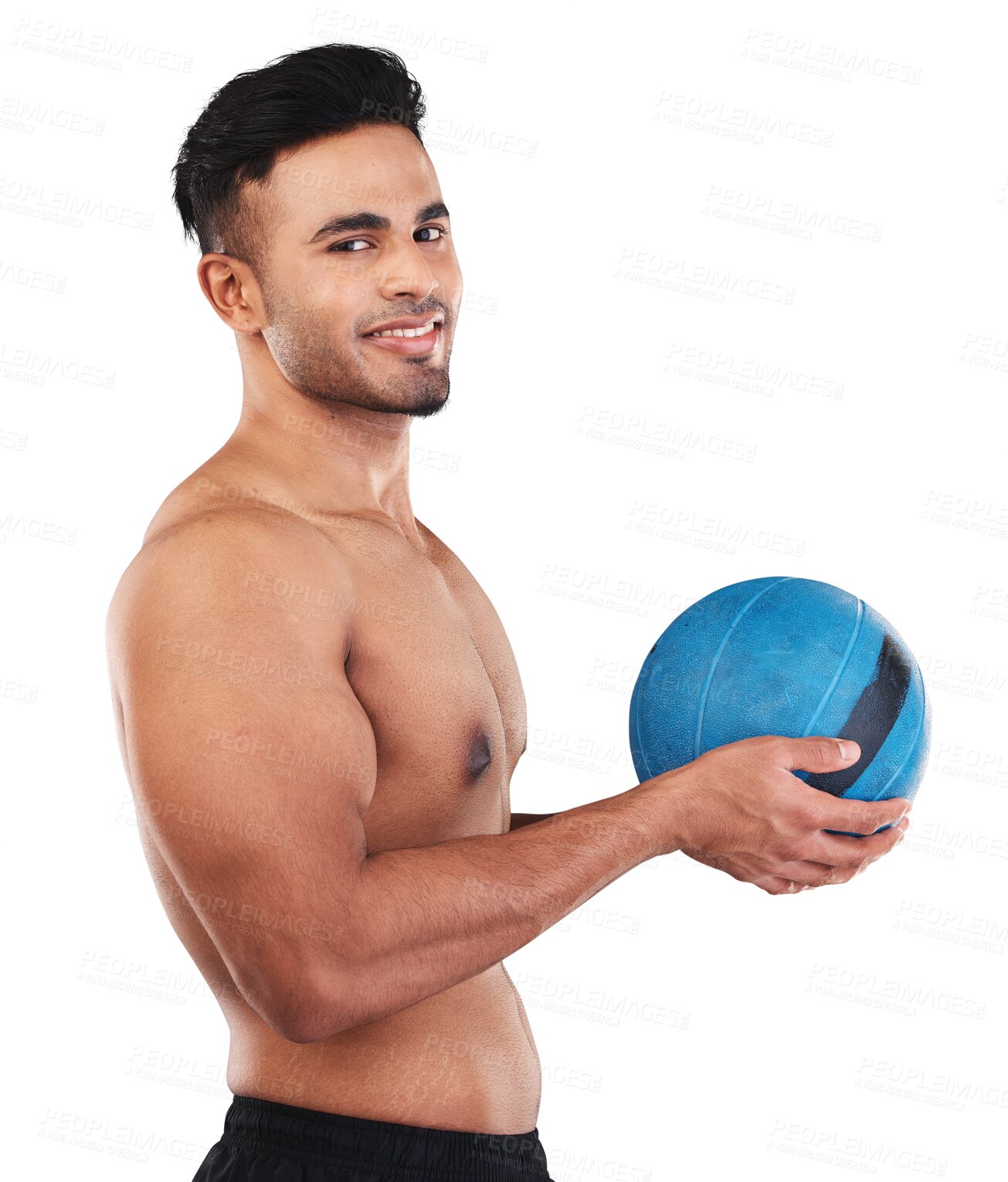 Buy stock photo Man with smile, fitness and medicine ball for workout, health and muscle training isolated on transparent png background. Exercise equipment, wellness and male athlete in portrait, biceps and sports 