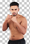 Fist, fight and portrait of an athlete in a studio for sports, MMA or martial arts training. Fitness, defense and strong fighter ready to do a boxing exercise or workout isolated by a gray background
