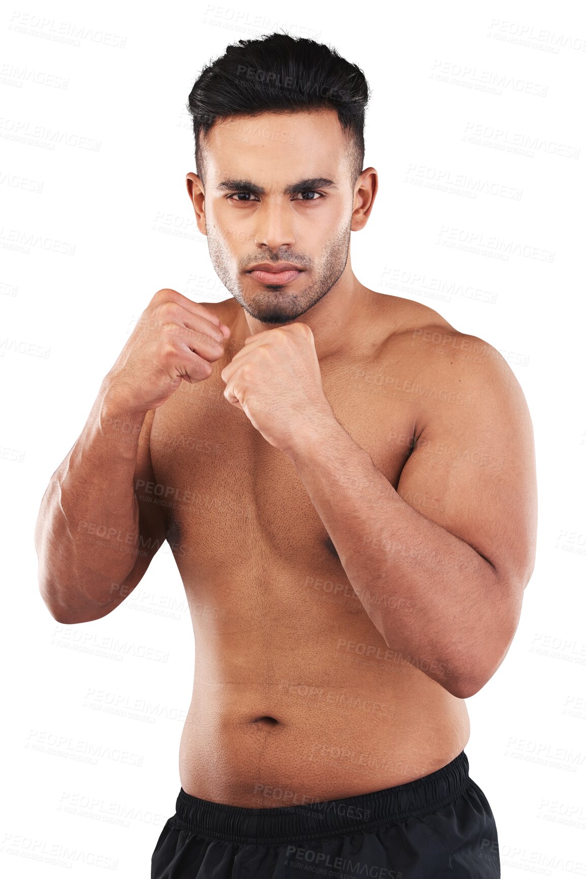 Buy stock photo Fist, fight and strong man in portrait for sports, MMA or martial arts training, competition or power. Fitness, workout and athlete or person in boxing exercise isolated on transparent png background