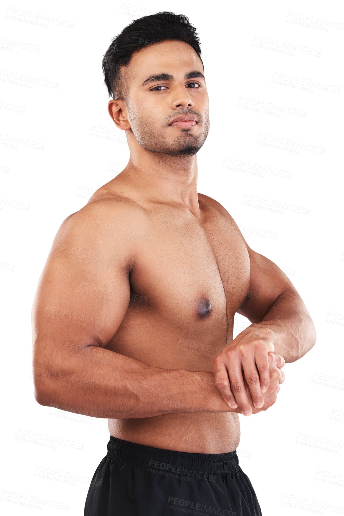 Buy stock photo Bodybuilder, muscle and portrait of man in fitness, training or confident from exercise on transparent, isolated or png background. Gym, model or male athlete pose with sexy arms, body or health