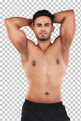 Buy stock photo Portrait, bodybuilder muscle and serious man isolated on a transparent png background. Strong abs, topless body and Indian male athlete pose for exercise, fitness and workout, health and confident.