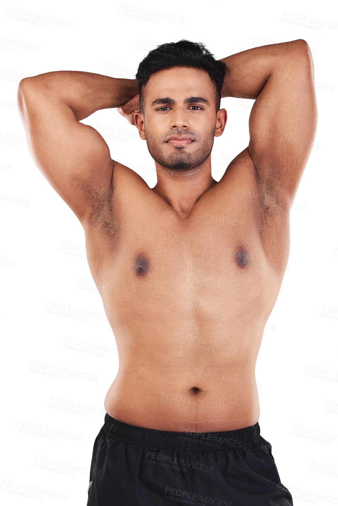 Buy stock photo Portrait, bodybuilder muscle and serious man isolated on a transparent png background. Strong abs, topless body and Indian male athlete pose for exercise, fitness and workout, health and confident.