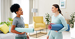 Friends, yoga and women talking in home living room after training, stretching or exercise. Girls, personal trainer and happy black woman chatting with coach for pilates workout for health or fitness