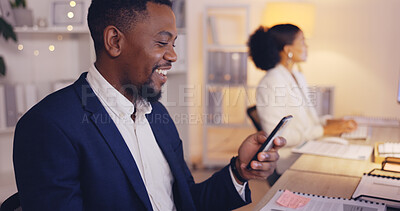 Buy stock photo Night, computer and phone call with black man in office for consulting, networking and communication. Discussion, connection and hello with male in agency for commitment, positive and overtime