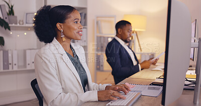 Buy stock photo Business people working night, black woman writing report and team, computer and employee at desk with coworking. Overtime, technology and wifi, collaboration and communication with project deadline