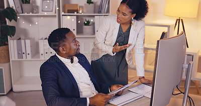 Buy stock photo Business people at night, team discussion for deadline and project report with corporate collaboration. Employees talking, black man and woman work overtime with paperwork, planning strategy at desk