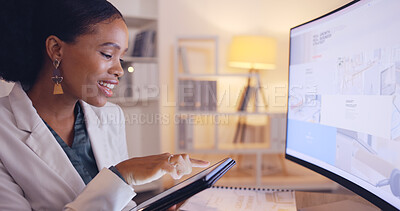 Buy stock photo Search, business and tablet with black woman in office for website, branding and digital marketing. Review, night and corporate with female employee at computer for planning, proposal and commitment