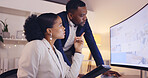 Business people, documents and team discussion at night for project deadline, report and corporate collaboration. Employees working overtime with paperwork, planning strategy and conversation at desk