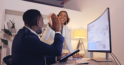 Buy stock photo Business people, high five and celebration at night for teamwork, support or success together at office. Businessman or woman working late and touching hands for winning, motivation or team promotion