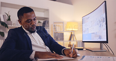 Buy stock photo Writing, planning and business black man on computer in office working late for strategy, proposal and schedule. Corporate, focus and male worker at desk write notes for information, research and web