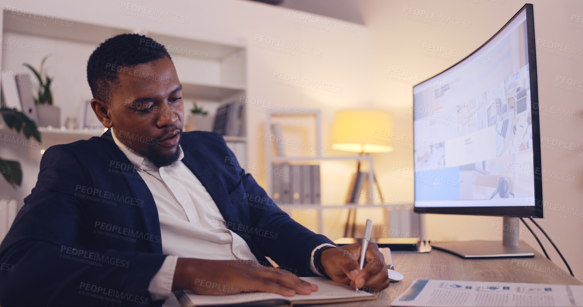 Buy stock photo Writing, planning and business black man on computer in office working late for strategy, proposal and schedule. Corporate, focus and male worker at desk write notes for information, research and web