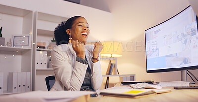 Buy stock photo Happy business woman, fist pump and night  in celebration for success, winning or achievement at office. Female person working late for bonus, promotion or good news in victory or sale at workplace