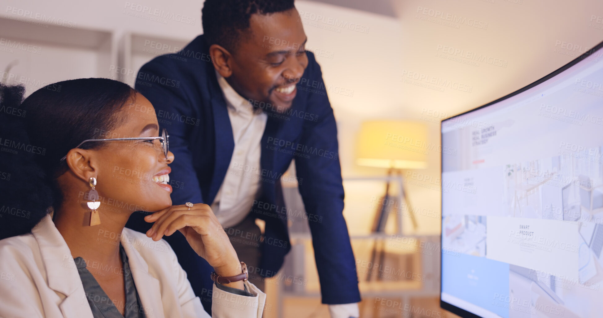 Buy stock photo Teamwork, training and business people on computer planning for project, website design or review at night office. Advice, feedback and black woman talking to manager with desktop screen and tablet