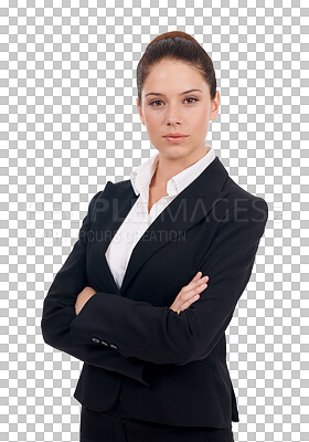 Buy stock photo Portrait, corporate and arms crossed with a woman lawyer isolated on a transparent background for legal advice. Business, law and a professional female attorney in a suit on PNG for judicial work