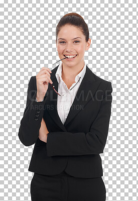 Buy stock photo Portrait, corporate and a woman lawyer in a suit isolated on a transparent background for legal advice. Business, law or trial and a professional female attorney with glasses on PNG for judicial work