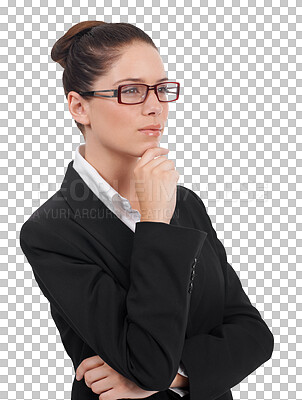 Buy stock photo Thinking, vision and business woman for career, job or project ideas isolated on transparent png background. Brainstorming, solution and corporate person, employee or worker for problem solving