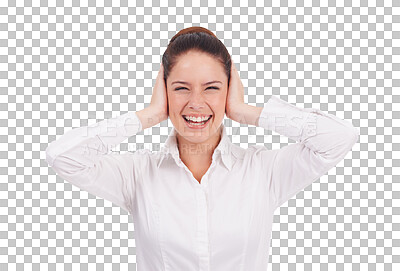 Buy stock photo Hands, cover ear and portrait of woman to block sound, noise or music or on transparent, isolated or png background. Face, smile and covering hearing, loud audio or listening with hand on head