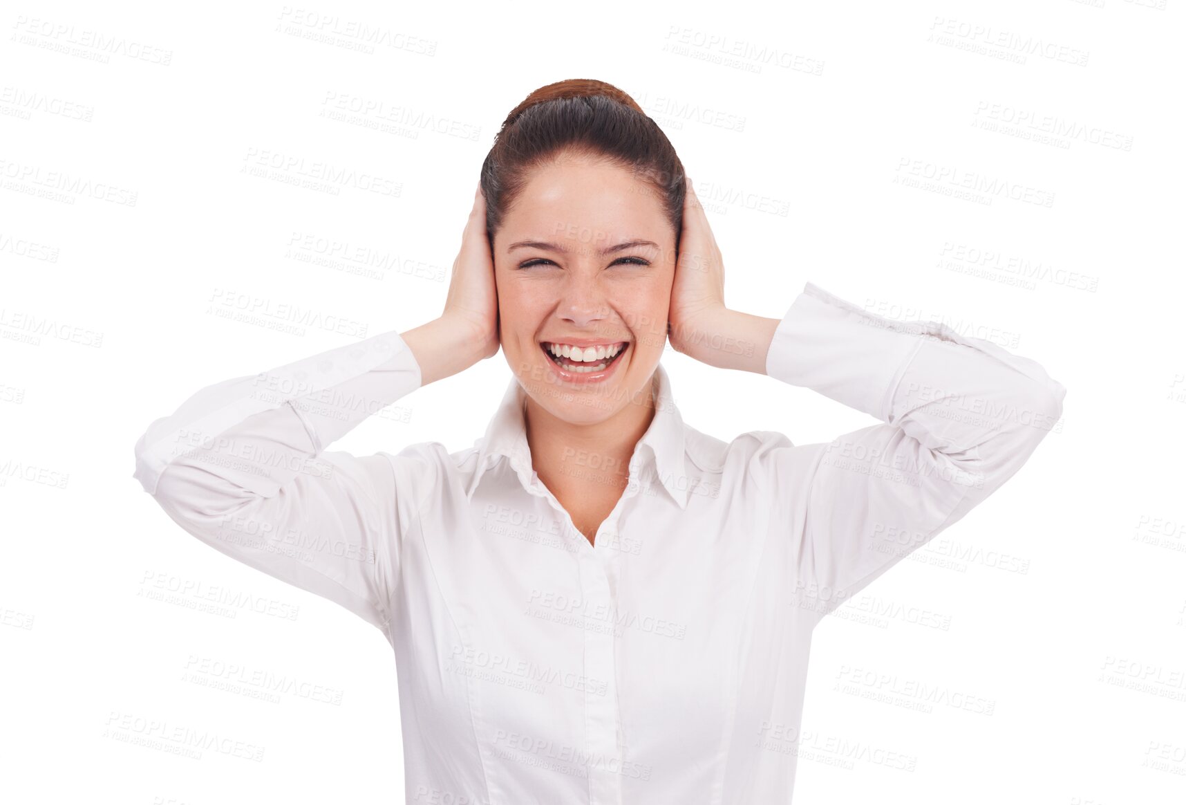 Buy stock photo Hands, cover ear and portrait of woman to block sound, noise or music or on transparent, isolated or png background. Face, smile and covering hearing, loud audio or listening with hand on head