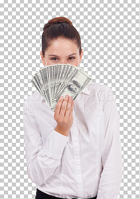 Buy stock photo Money, cover face and portrait of woman isolated on transparent png background for winning, cash fan or loan. Lottery, bank and business person or winner with bonus, budget secret or financial profit