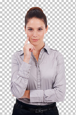 Buy stock photo Business woman, portrait and thinking with idea or solution standing isolated on a transparent PNG background. Female person or employee in think, remember or memory for decision, choice or ambition