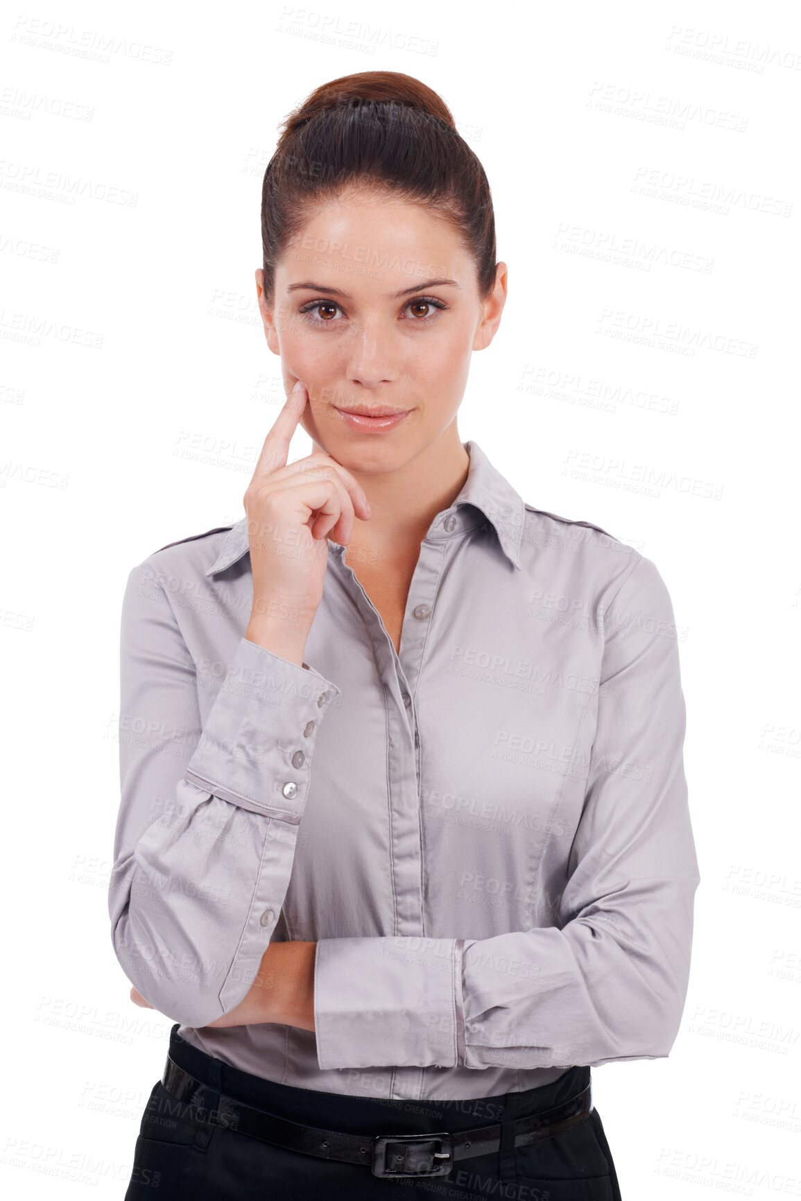 Buy stock photo Business woman, portrait and thinking with idea or solution standing isolated on a transparent PNG background. Female person or employee in think, remember or memory for decision, choice or ambition