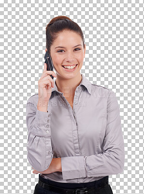 Buy stock photo Consultant, portrait of a woman with a cellphone and smile isolated against a transparent png background. Networking or online communication, connectivity and happy female person on a phone call