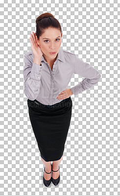 Buy stock photo Ear, listening and portrait of business woman hearing gossip, announcement or secret on transparent, isolated or png background. Face, surprise or person with hand cupping ears to hear news or listen