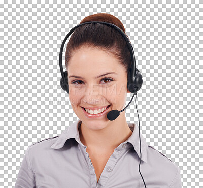 Buy stock photo Call center, customer service and a woman with headset isolated on a transparent, png background. Face of happy person as agent or consultant for crm, sales support and telemarketing or helpdesk
