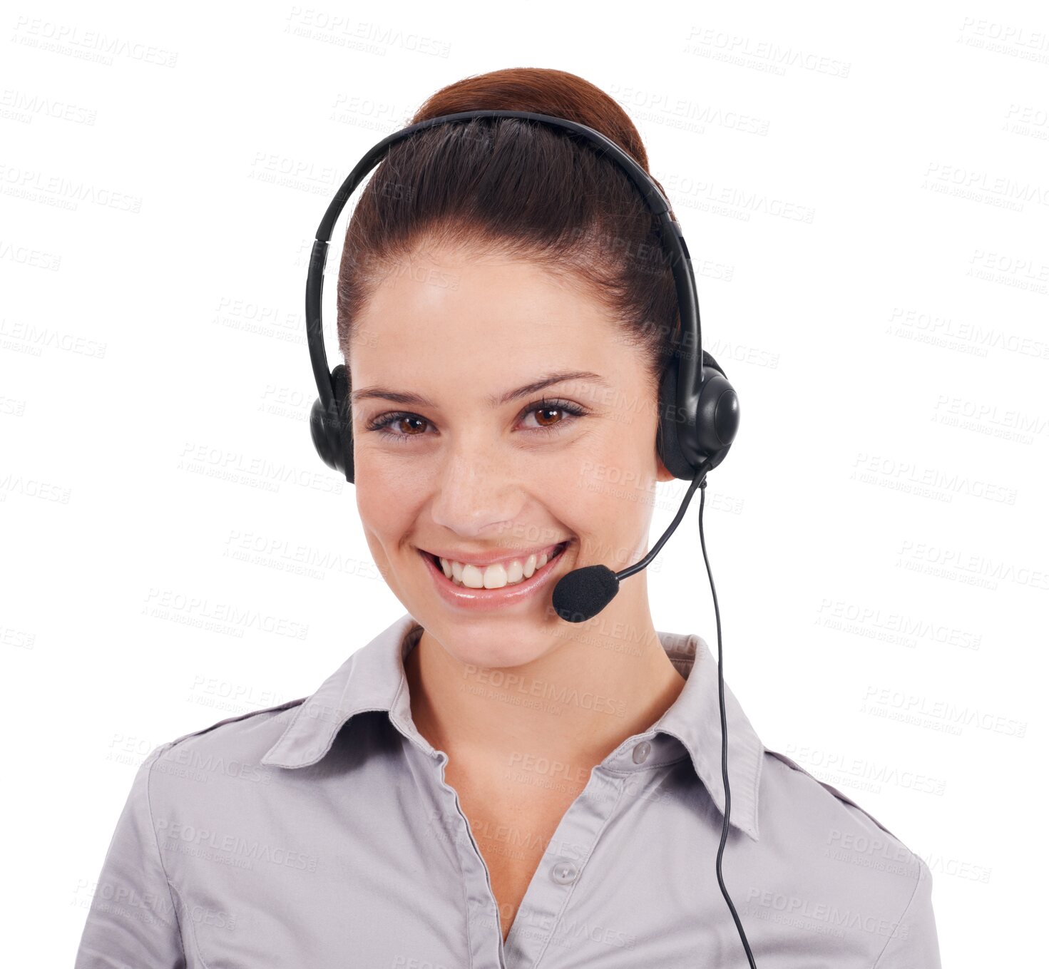 Buy stock photo Call center, customer service and a woman with headset isolated on a transparent, png background. Face of happy person as agent or consultant for crm, sales support and telemarketing or helpdesk
