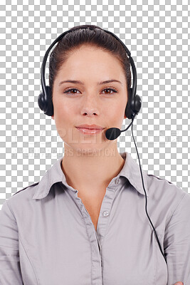 Buy stock photo Customer service, call center and face of woman with headset isolated on transparent, png background. Portrait of serious person, agent or consultant as sales, telemarketing or crm help desk support
