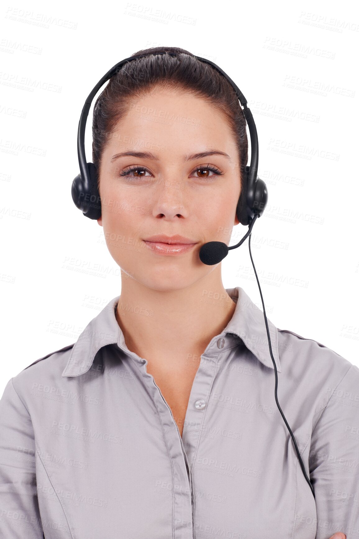 Buy stock photo Customer service, call center and face of woman with headset isolated on transparent, png background. Portrait of serious person, agent or consultant as sales, telemarketing or crm help desk support
