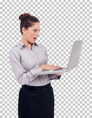 Buy stock photo Laptop, shock and businesswoman reading news online for a job promotion, success or achievement. Technology, surprise and professional female person on computer isolated by transparent png background