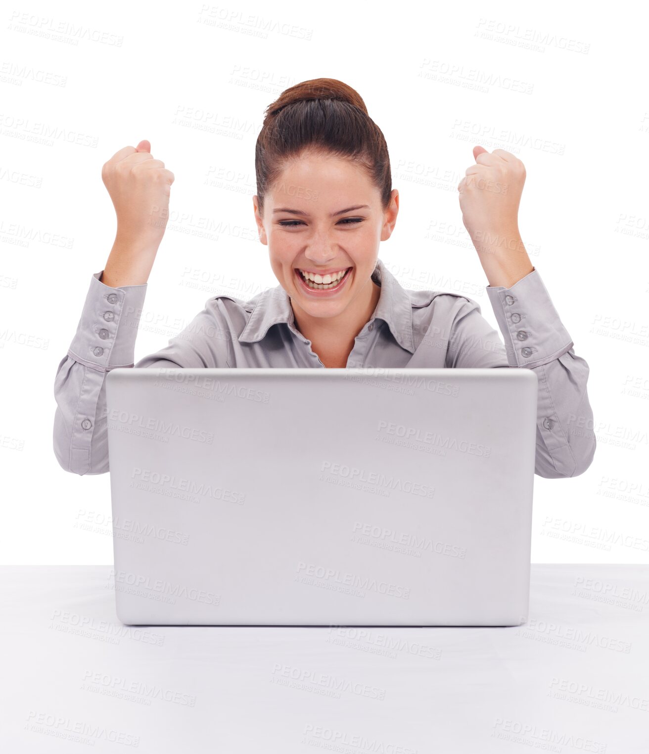 Buy stock photo Winner, yes and laptop of business woman reading news, bonus or opportunity for success, achievement or target. Profit, goals and winning of person on computer isolated on transparent png background
