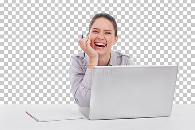 Buy stock photo Laughing, portrait of a businesswoman with laptop and notebook at desk isolated against a transparent png background. Online communication, planning and connectivity of funny female person with smile