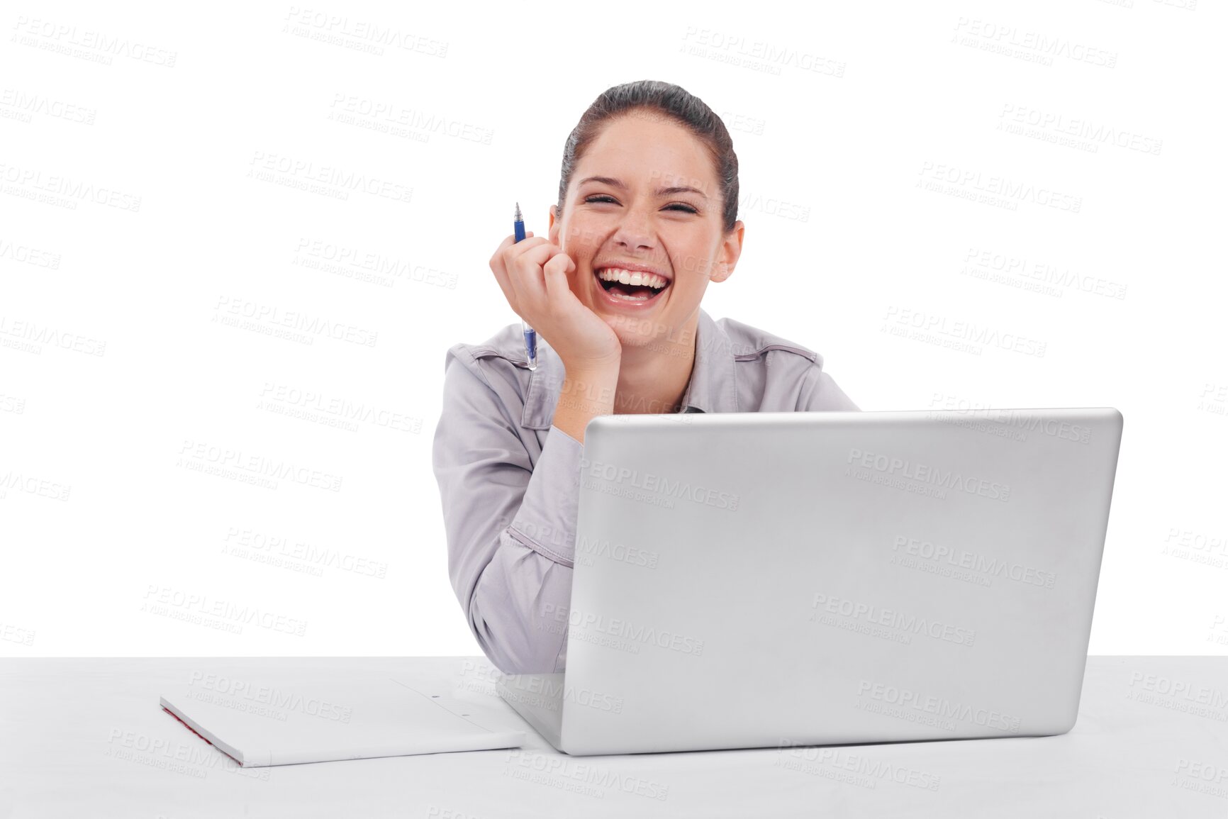 Buy stock photo Laughing, portrait of a businesswoman with laptop and notebook at desk isolated against a transparent png background. Online communication, planning and connectivity of funny female person with smile